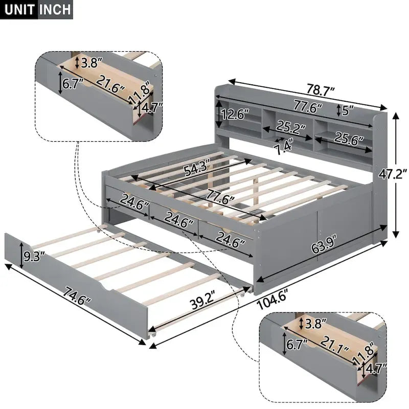 Full Size Wooden Captain Platform Bed with Built-in Bookshelves, Three Storage Drawers and Trundle