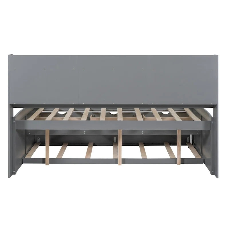 Full Size Wooden Captain Platform Bed with Built-in Bookshelves, Three Storage Drawers and Trundle