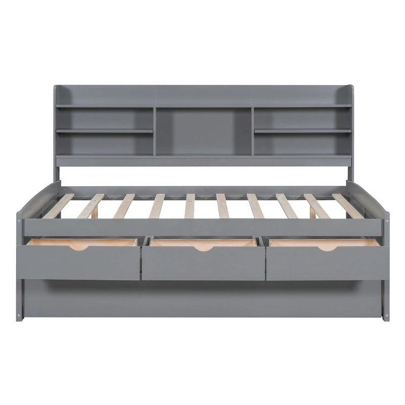 Full Size Wooden Captain Platform Bed with Built-in Bookshelves, Three Storage Drawers and Trundle