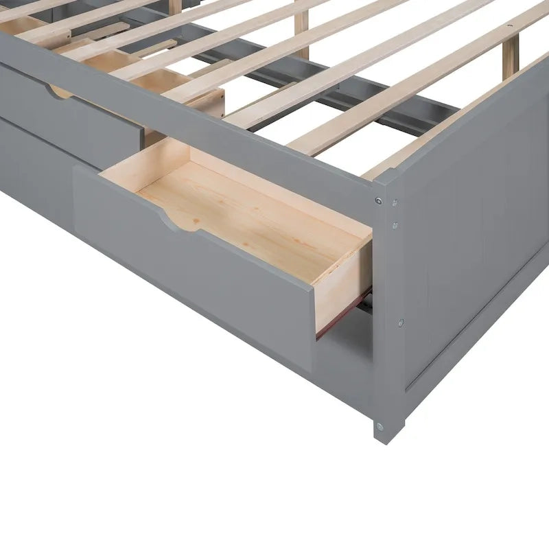 Full Size Wooden Captain Platform Bed with Built-in Bookshelves, Three Storage Drawers and Trundle
