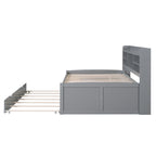 Full Size Wooden Captain Platform Bed with Built-in Bookshelves, Three Storage Drawers and Trundle