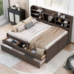 Full Size Wooden Captain Platform Bed with Built-in Bookshelves, Three Storage Drawers and Trundle