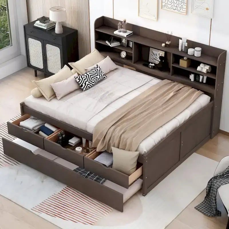 Full Size Wooden Captain Platform Bed with Built-in Bookshelves, Three Storage Drawers and Trundle