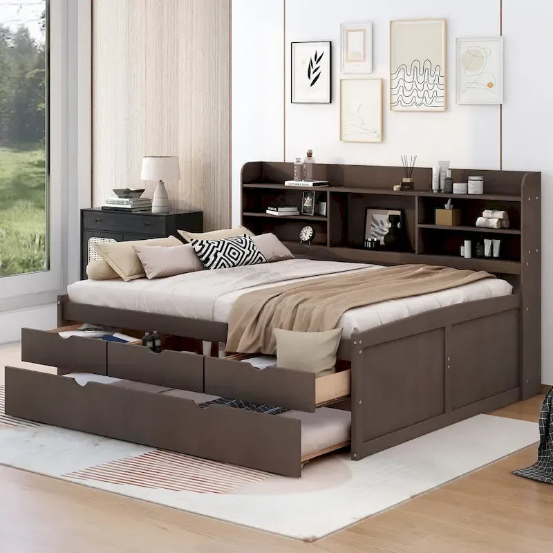 Full Size Wooden Captain Platform Bed with Built-in Bookshelves, Three Storage Drawers and Trundle