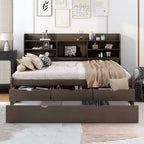 Full Size Wooden Captain Platform Bed with Built-in Bookshelves, Three Storage Drawers and Trundle