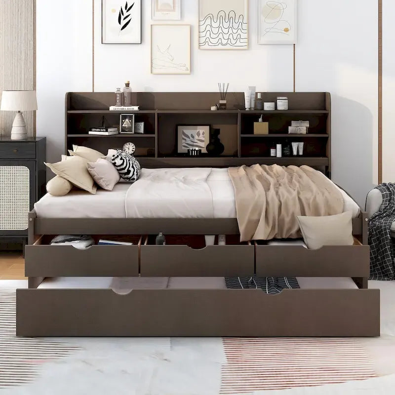 Full Size Wooden Captain Platform Bed with Built-in Bookshelves, Three Storage Drawers and Trundle