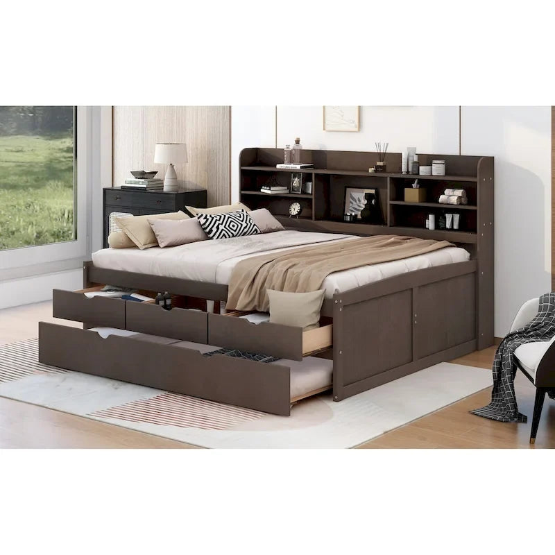 Full Size Wooden Captain Platform Bed with Built-in Bookshelves, Three Storage Drawers and Trundle