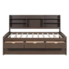 Full Size Wooden Captain Platform Bed with Built-in Bookshelves, Three Storage Drawers and Trundle