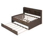 Full Size Wooden Captain Platform Bed with Built-in Bookshelves, Three Storage Drawers and Trundle