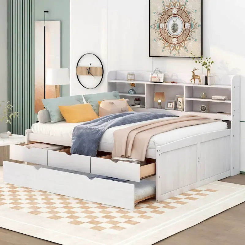 Full Size Wooden Captain Platform Bed with Built-in Bookshelves, Three Storage Drawers and Trundle