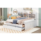 Full Size Wooden Captain Platform Bed with Built-in Bookshelves, Three Storage Drawers and Trundle