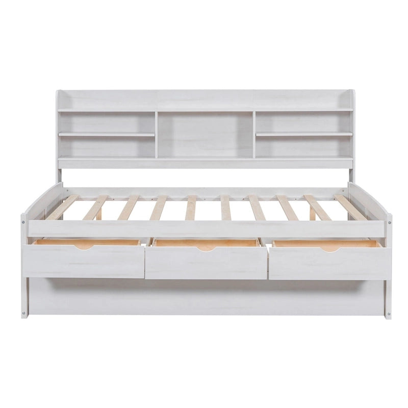Full Size Wooden Captain Platform Bed with Built-in Bookshelves, Three Storage Drawers and Trundle