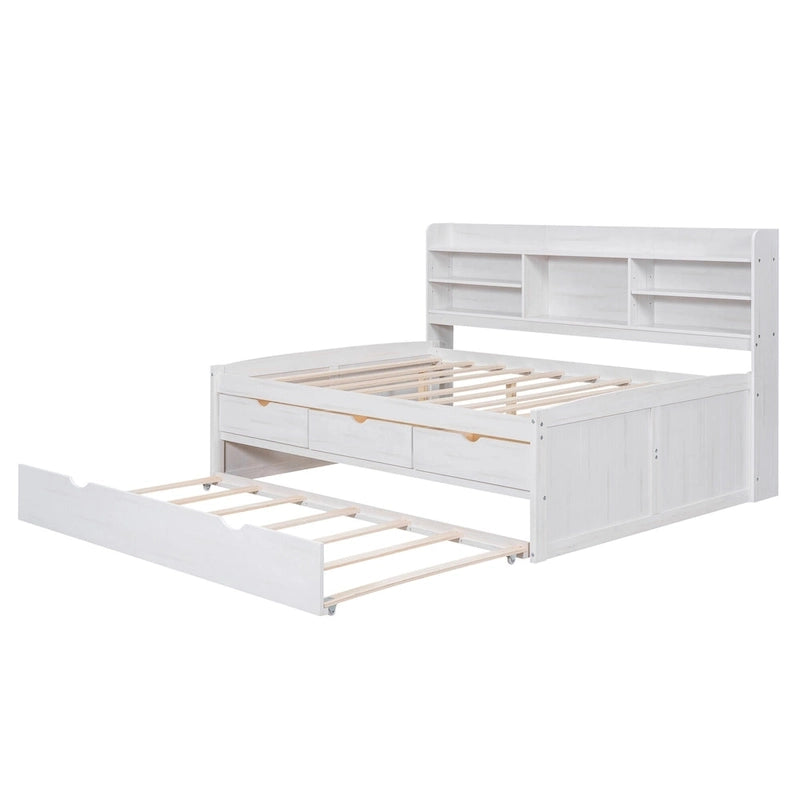 Full Size Wooden Captain Platform Bed with Built-in Bookshelves, Three Storage Drawers and Trundle