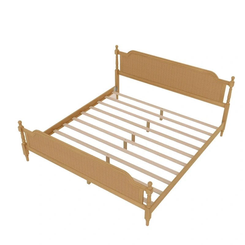 Traditional Style Platform Bed with Rattan Headboard and Footboard for Bedroom