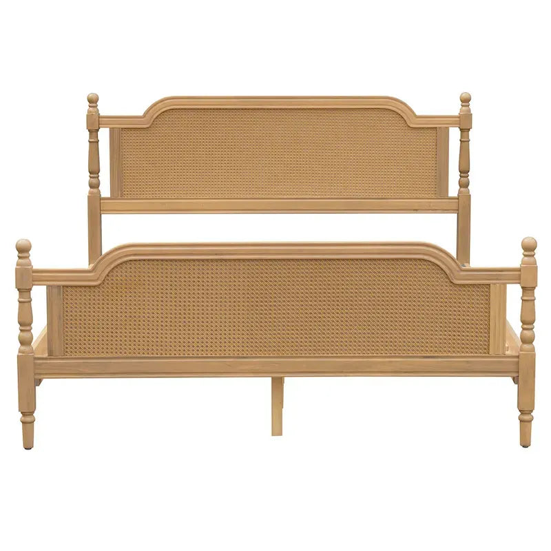 Traditional Style Platform Bed with Rattan Headboard and Footboard for Bedroom