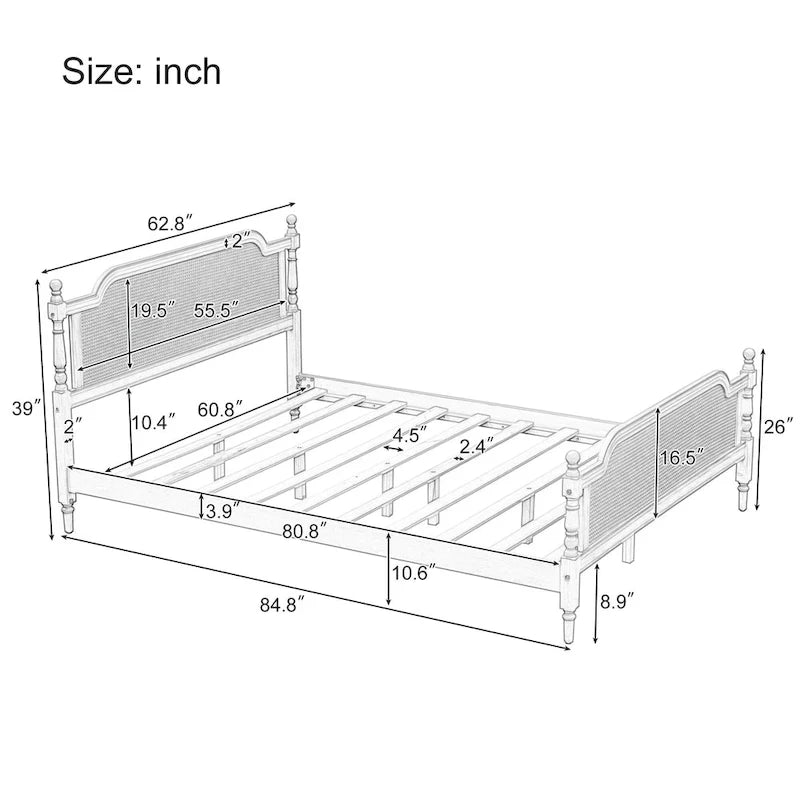 Traditional Style Platform Bed with Rattan Headboard and Footboard for Bedroom