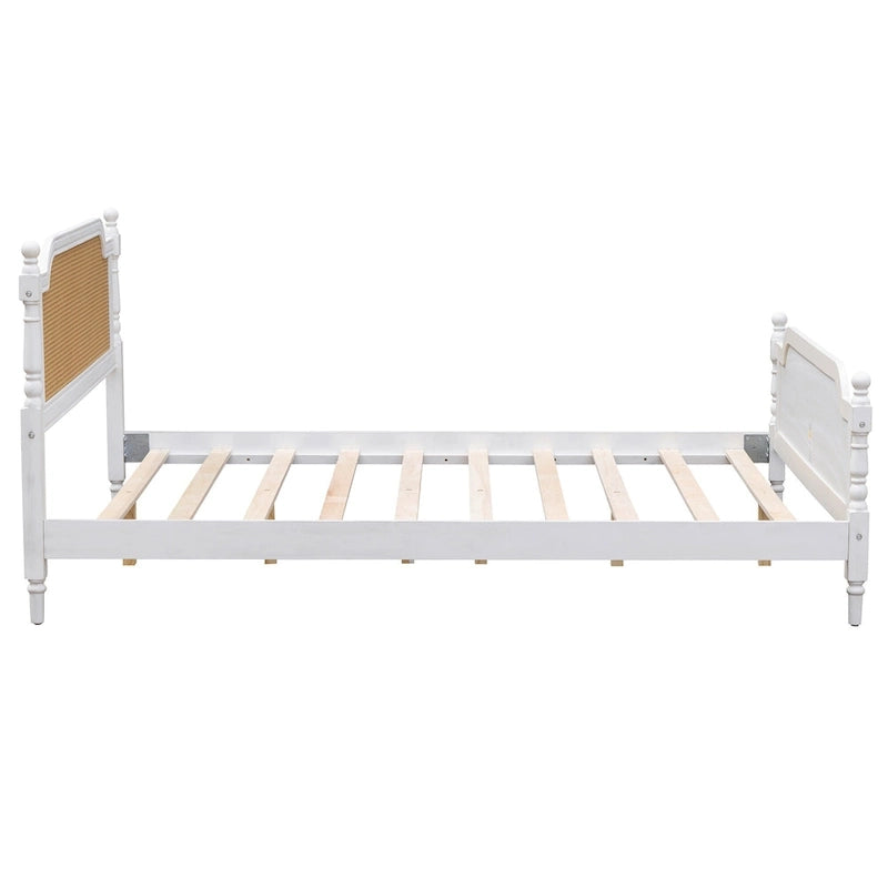 Traditional Style Platform Bed with Rattan Headboard and Footboard for Bedroom
