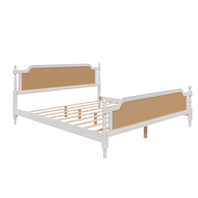 Traditional Style Platform Bed with Rattan Headboard and Footboard for Bedroom