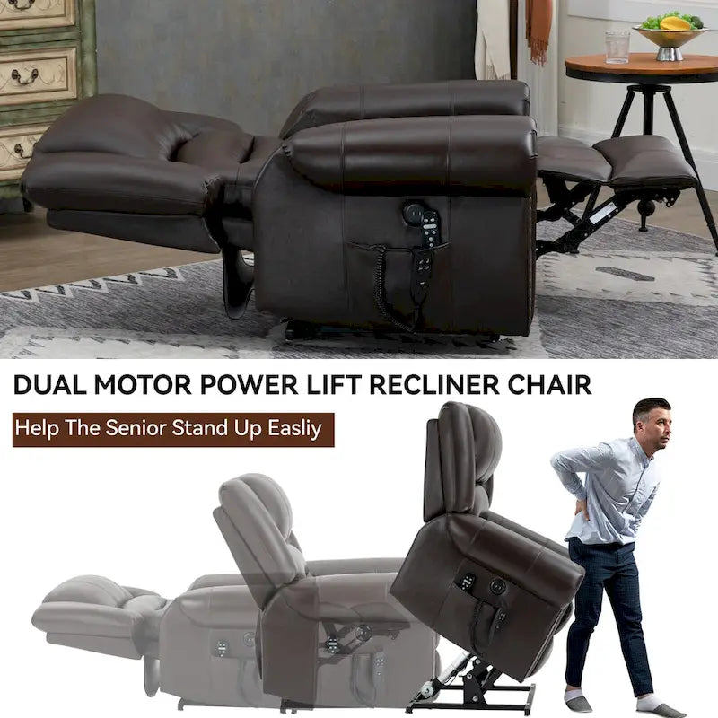 Brown Genuine Leather Power Lift Recliner with Dual Motor