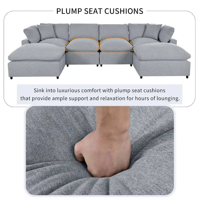134.40 Modern U-Shaped 6 Seater Sectional Sofa with 2 Large Chaises, Removable Ottomans and Soft Cushions