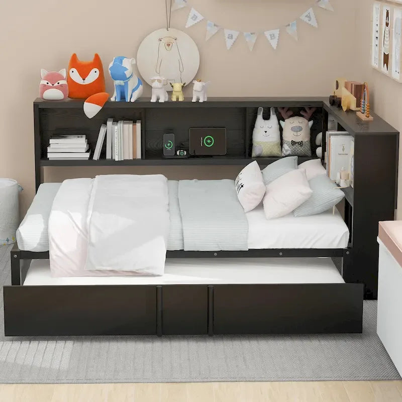 Full Metal Daybed with Trundle, Storage Cabinets, and USB Ports