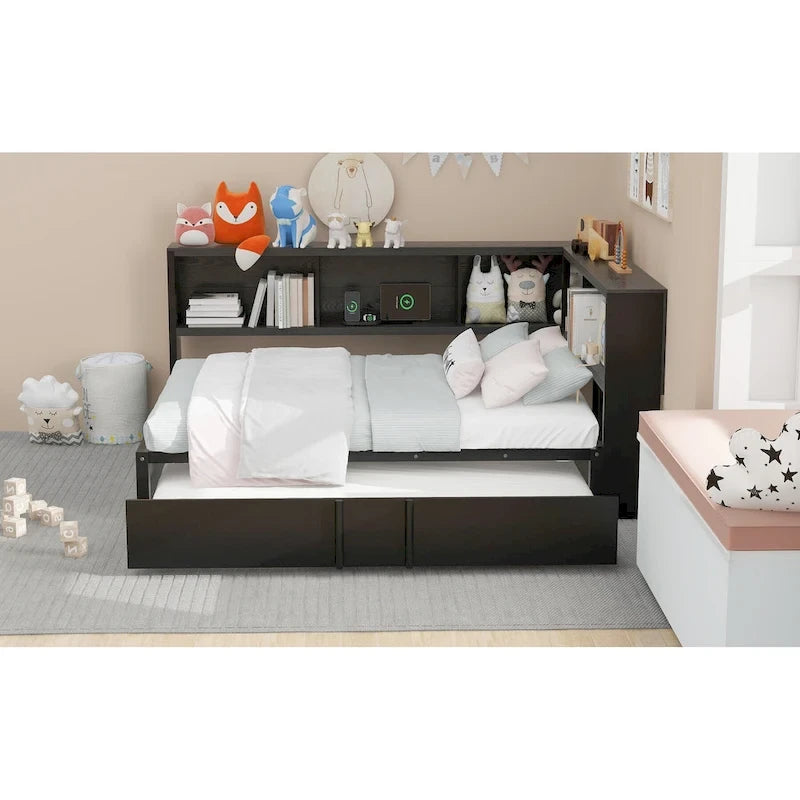 Full Metal Daybed with Trundle, Storage Cabinets, and USB Ports