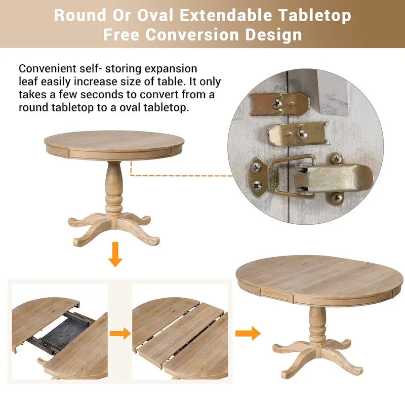 Natural Wood Wash 5-Piece Wooden Dining Table Set with Expandable Round Table & 4 Chairs