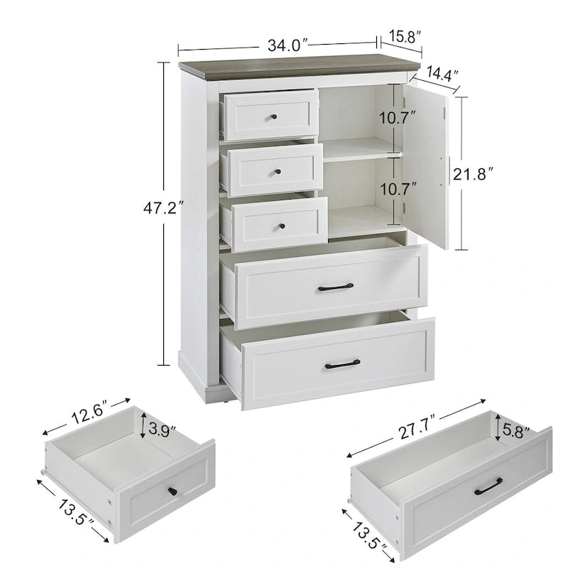 Farmhouse 5-Drawer Gentlemen's Chest, Tall Chest of Drawers, Organizer Storage for Living Room