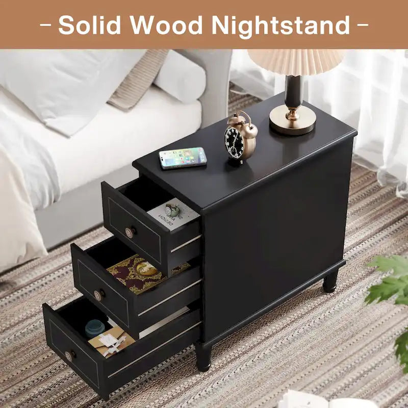 Solid Wood End Table with 3 Drawers, Fully Assembled Narrow Side Table