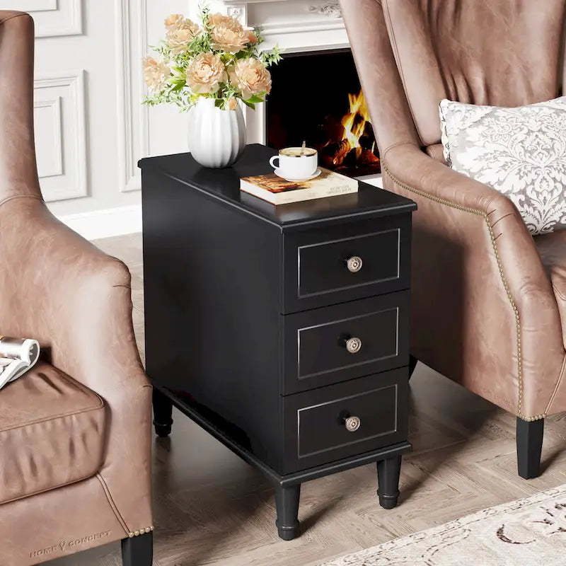Solid Wood End Table with 3 Drawers, Fully Assembled Narrow Side Table
