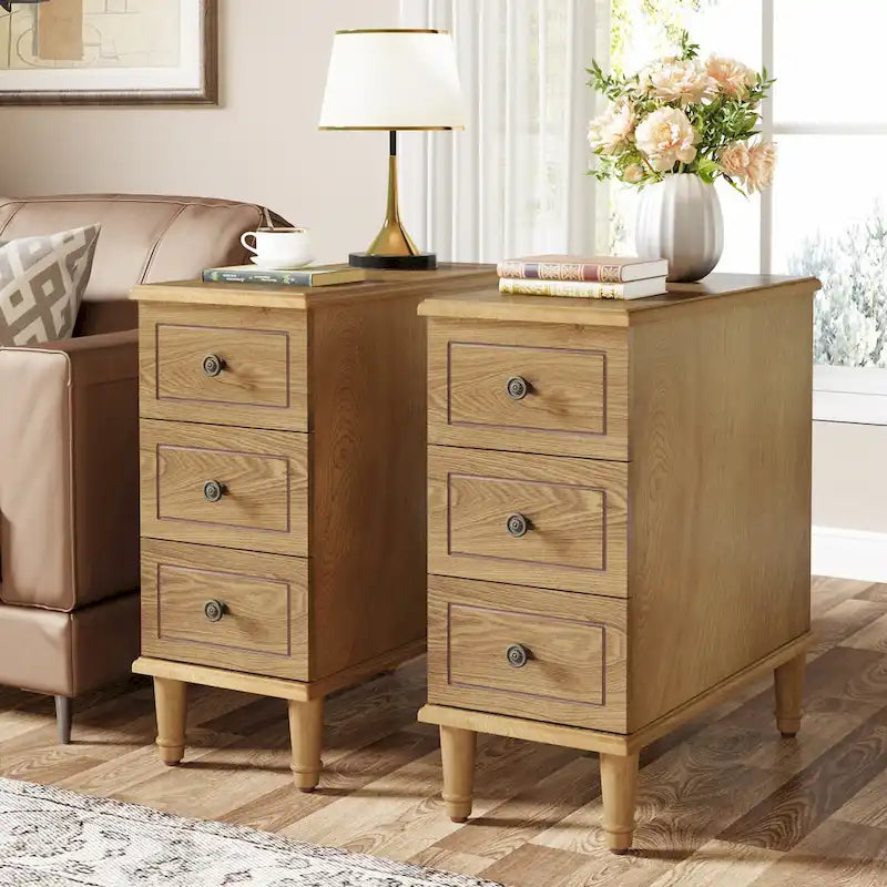 Solid Wood End Table with 3 Drawers, Fully Assembled Narrow Side Table