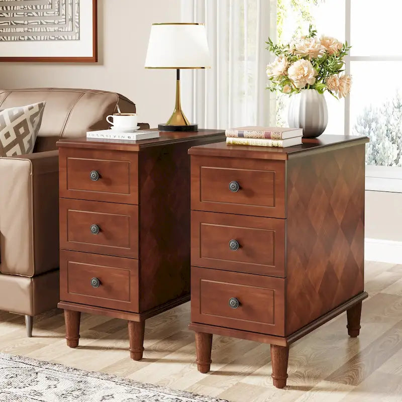 Solid Wood End Table with 3 Drawers, Fully Assembled Narrow Side Table