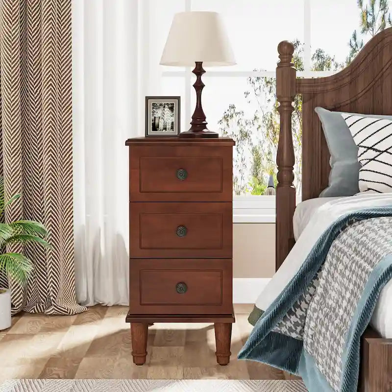 Solid Wood End Table with 3 Drawers, Fully Assembled Narrow Side Table