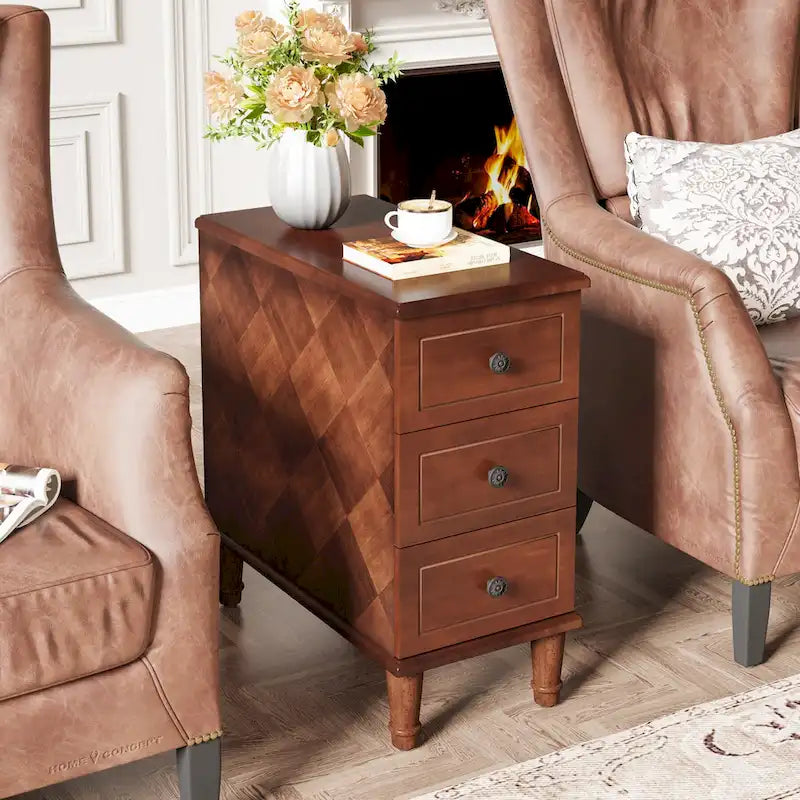 Solid Wood End Table with 3 Drawers, Fully Assembled Narrow Side Table