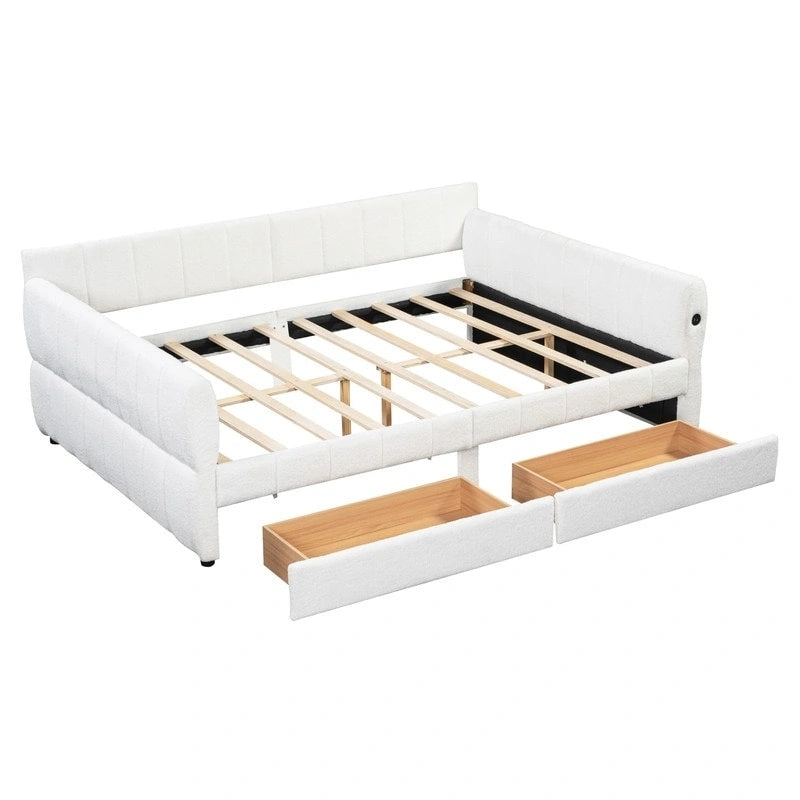 Queen Size Upholstered Daybed with 2 Storage Drawers, Modern Daybed Frame Sofa Bed with USB Port and Armrest