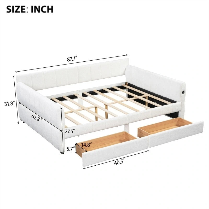 Queen Size Upholstered Daybed with 2 Storage Drawers, Modern Daybed Frame Sofa Bed with USB Port and Armrest