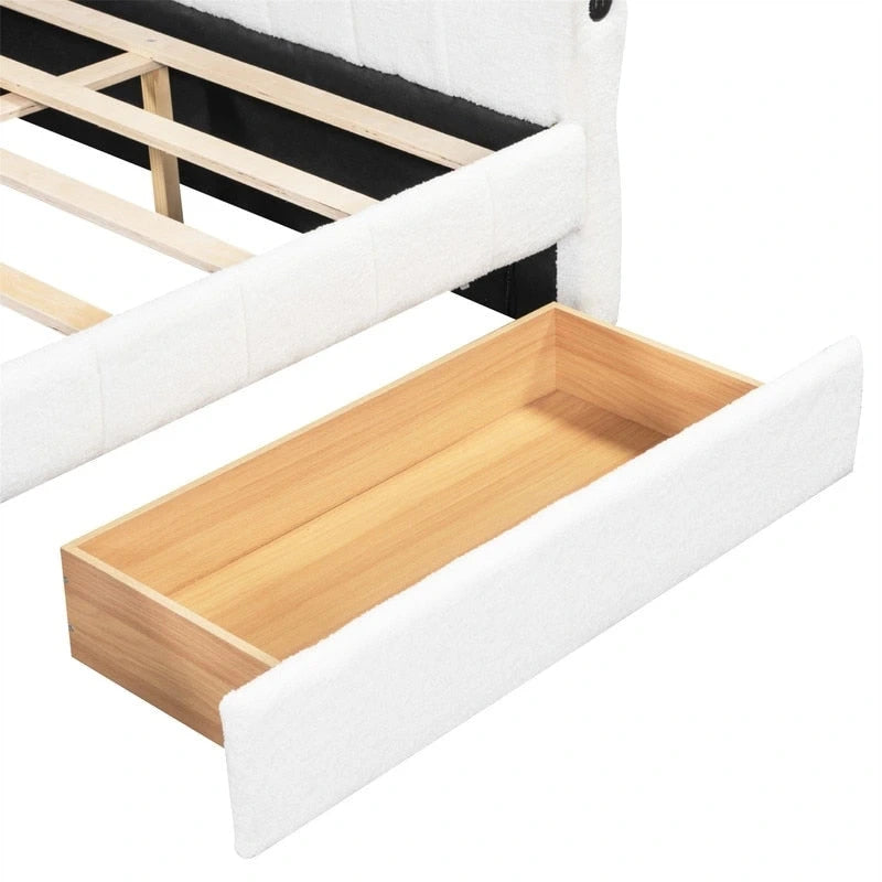 Queen Size Upholstered Daybed with 2 Storage Drawers, Modern Daybed Frame Sofa Bed with USB Port and Armrest