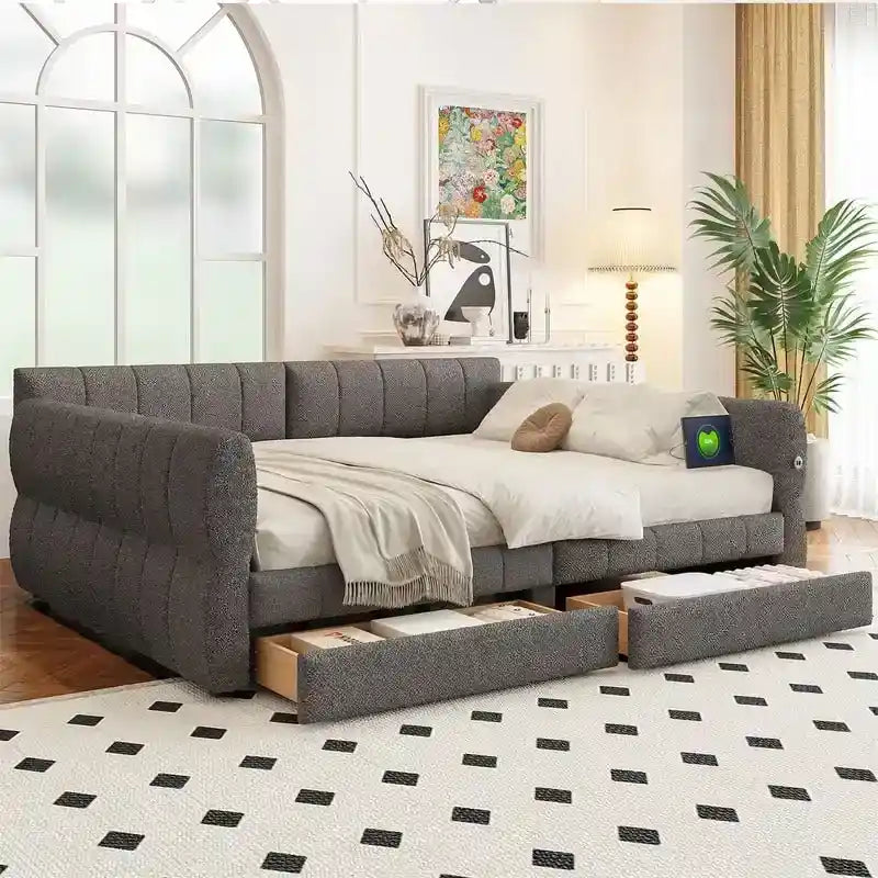 Queen Size Upholstered Daybed with 2 Storage Drawers, Modern Daybed Frame Sofa Bed with USB Port and Armrest