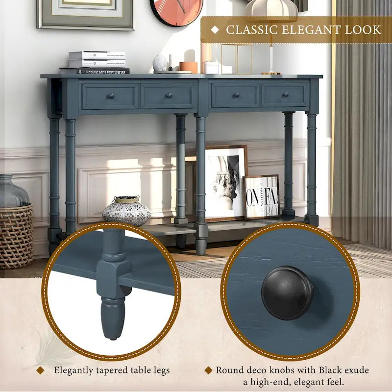 TREXM Solid Wood Console Table with Storage Drawers and Bottom Shelf