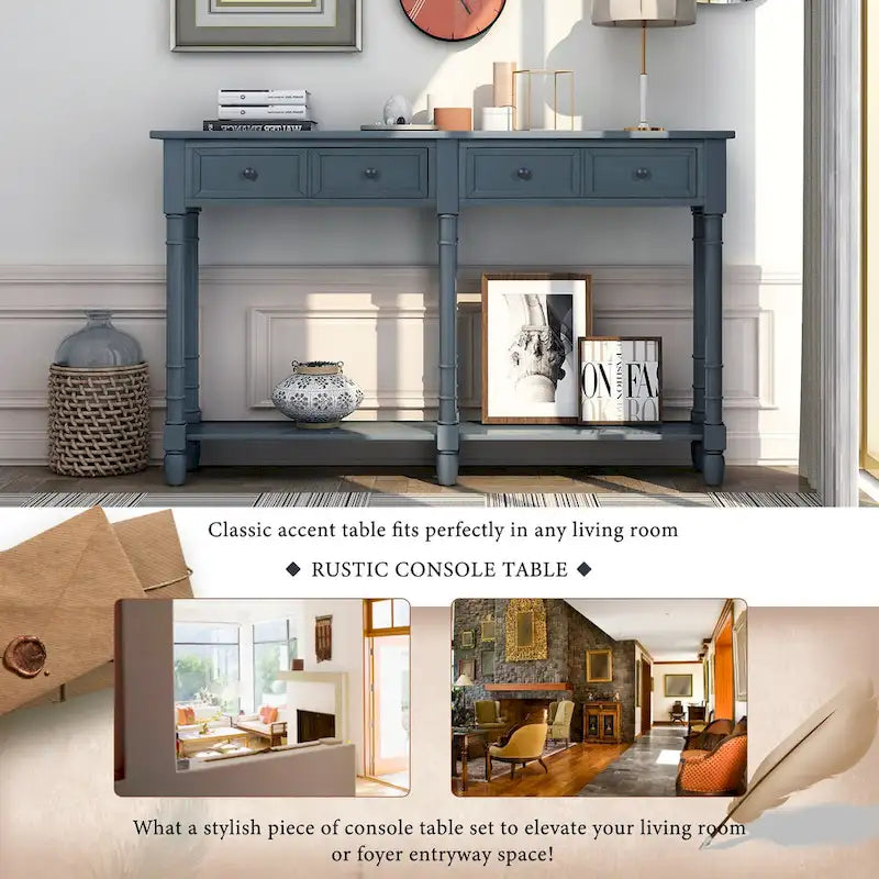TREXM Solid Wood Console Table with Storage Drawers and Bottom Shelf
