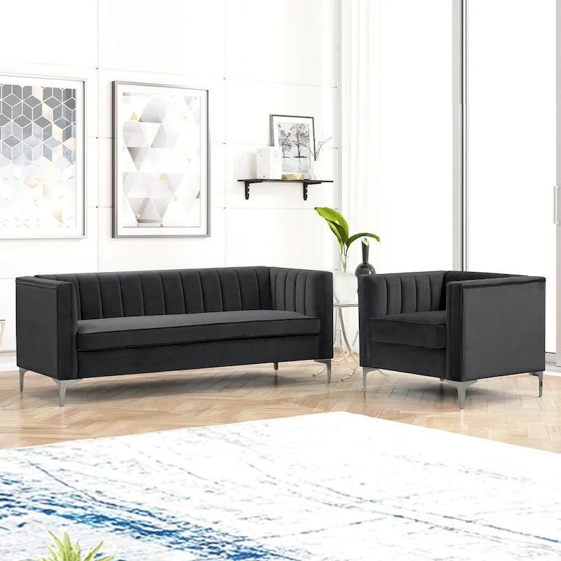 Morden Fort Modern 2 Pieces of Chair and Sofa Couch Set with Dutch Velvet Grey, Iron Legs