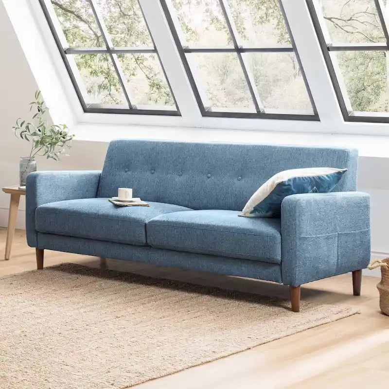 ADAIR Modern Tufted Linen Sofa with Armrest Pockets by Crown Comfort