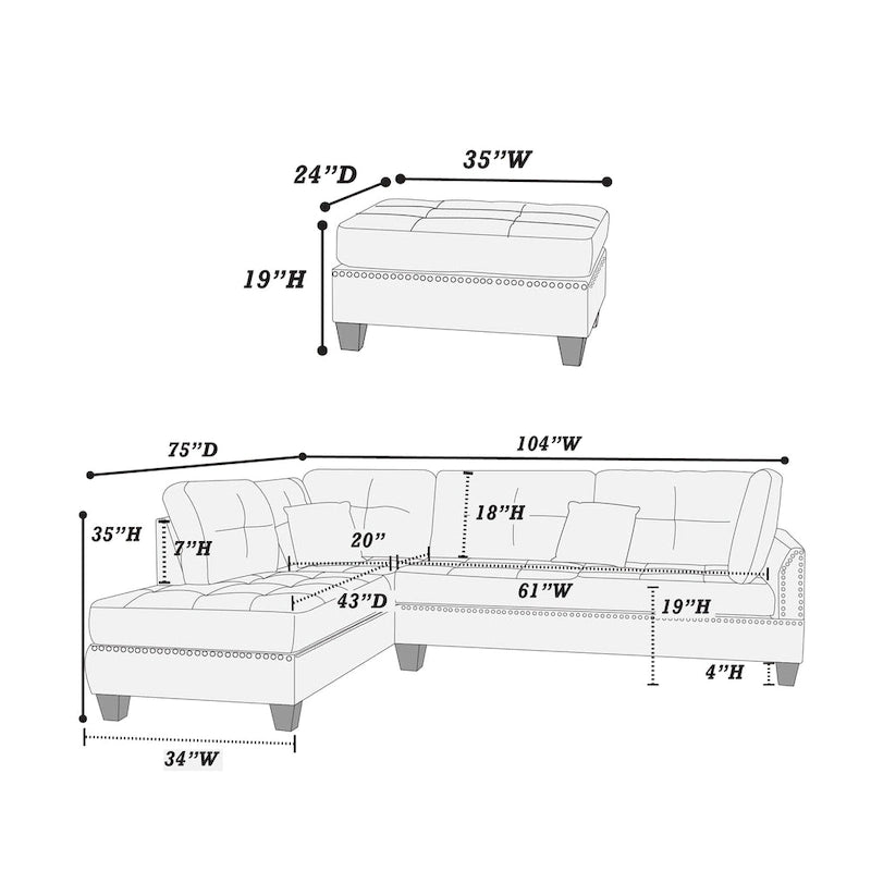 Bobkona Chaise Upholstered 3-piece Reversible Sectional Sofa Set
