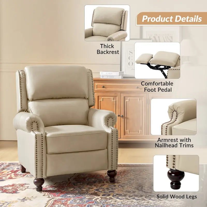 Gabriela Mid-Century Modern Genuine Leather Recliner Nail Head Trim Set of 2 by HULALA HOME