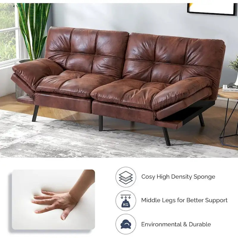Futon Sofa Bed, Faux Leather Convertible Sofa with Adjustable Splitback Armrests for Compact Living Space, Twin Size