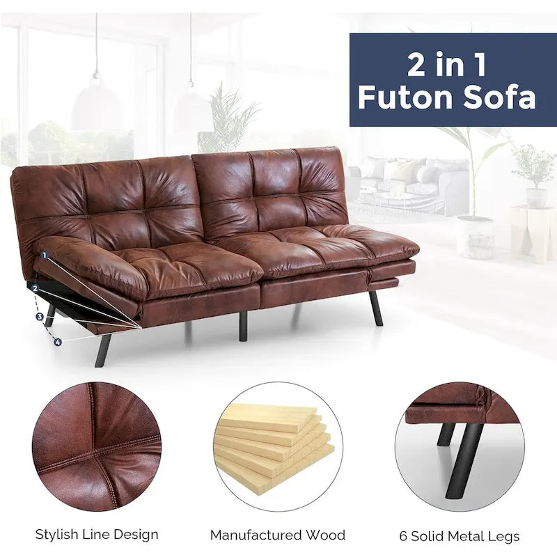 Futon Sofa Bed, Faux Leather Convertible Sofa with Adjustable Splitback Armrests for Compact Living Space, Twin Size
