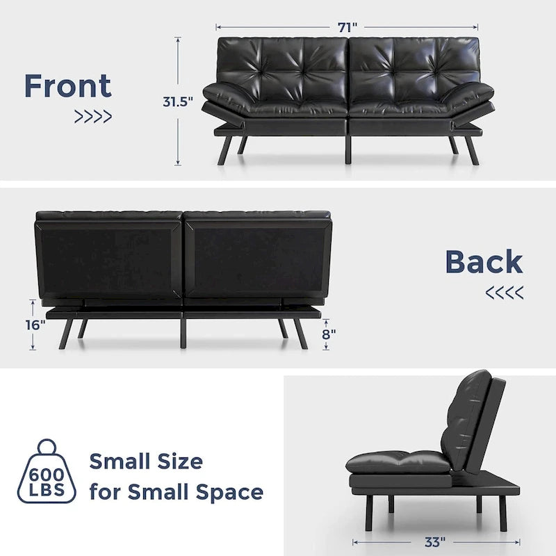 Futon Sofa Bed, Faux Leather Convertible Sofa with Adjustable Splitback Armrests for Compact Living Space, Twin Size