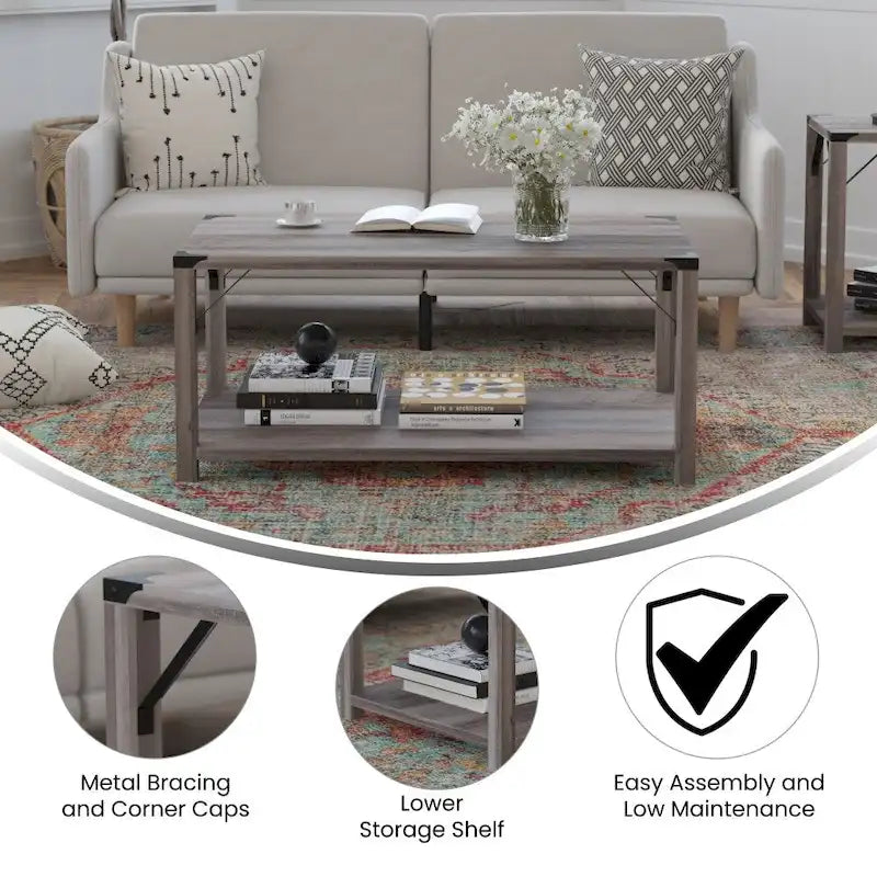 2-Tier Coffee Table with Metal Side Braces and Corner Caps