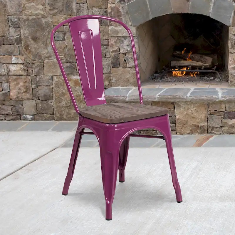 Metal Stackable Chair with Wood Seat - 17.75W x 20D x 33.5H - 17.75W x 20D x 33.5H