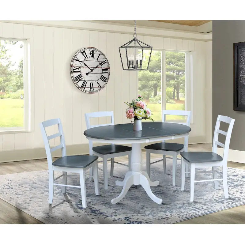36 Round Top Pedestal Ext Table with 12 Leaf and 4 Madrid Chairs
